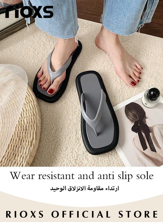 RIOXS Women's Flip Flops, Lightweight Thong Slides for Women, Anti-slip Square Toe Flat Slippers, Ladies Slip On Shower Slippers, Flip Flop Sandals for Beach, Womens Fashion Flip-Flops, Soft Comfort Flip-flops Slipper, Minimalist Flip Flops Grey Open-toed Footwear - Image 4